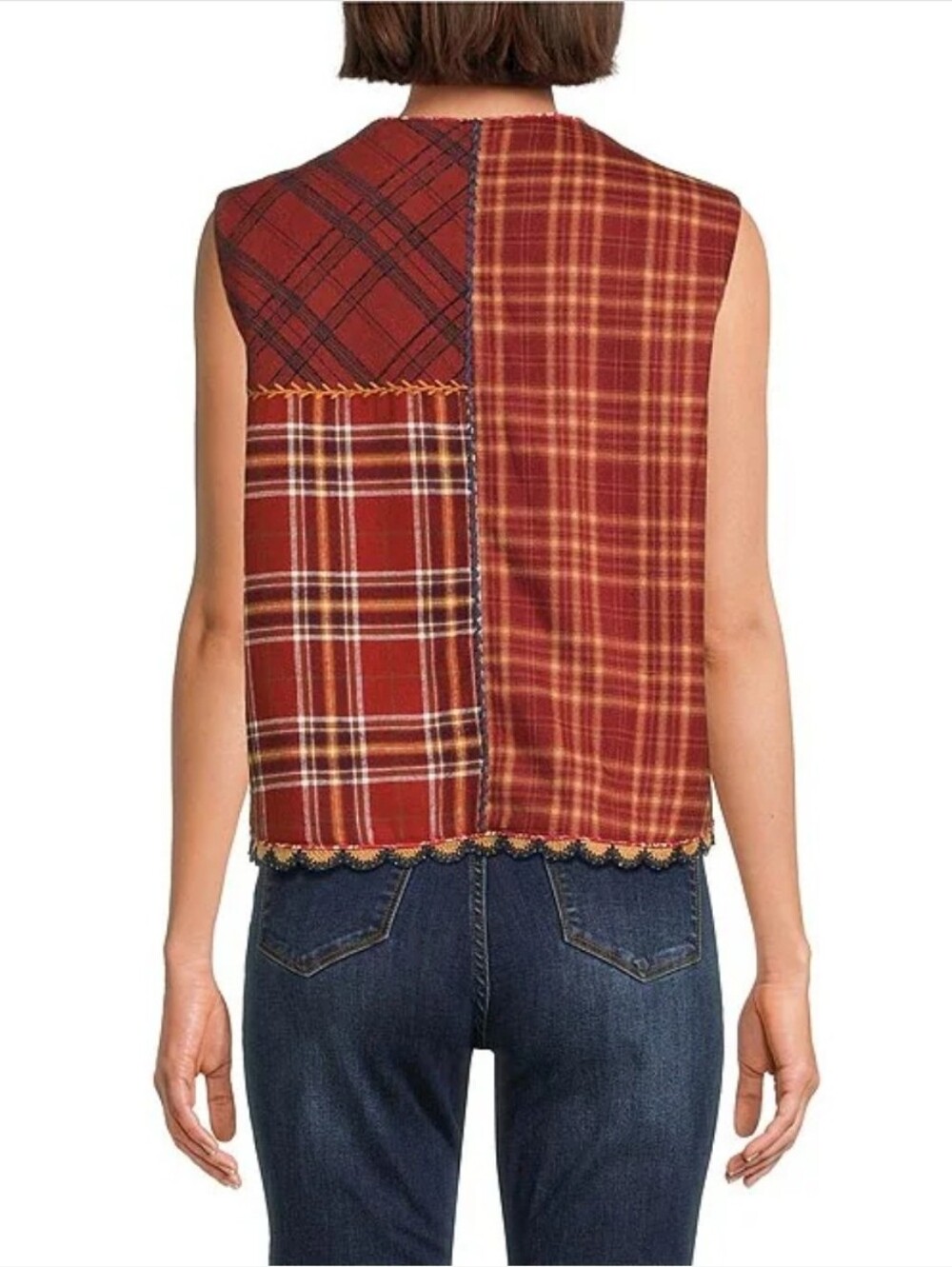 John Mark Embroidered Velvet Beaded Floral And Patchwork Plaid Open Front Vest - Picture 2 of 6
